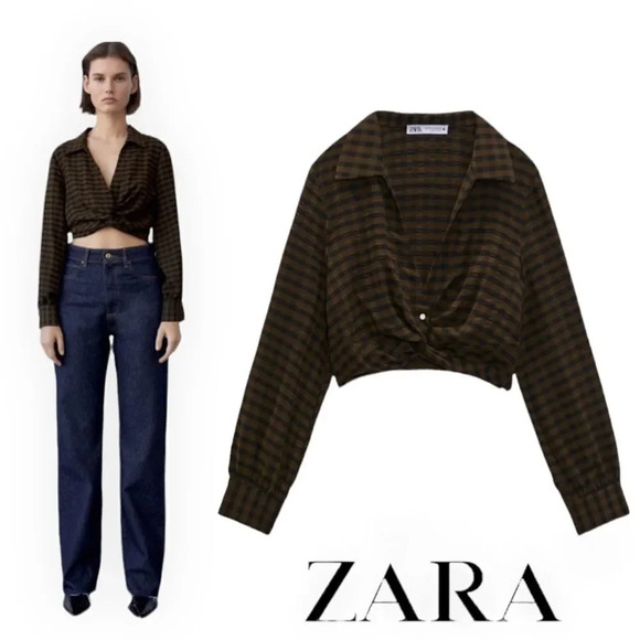 ZARA | Black & Green | PLAID CROPPED BLOUSE - Picture 1 of 9